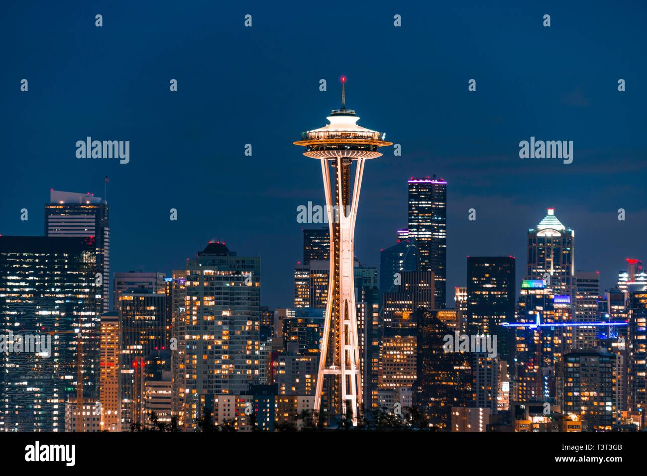 Blick auf die Skyline von Seattle mit Aussichtsturm Space Needle, Nachtaufnahme, Seattle, Washington, USA Stockfoto
