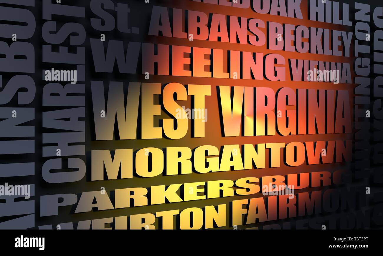 Bild relativ zu USA Reisen. West Virginia Städte und Orte Namen cloud. 3D-Rendering Stockfoto