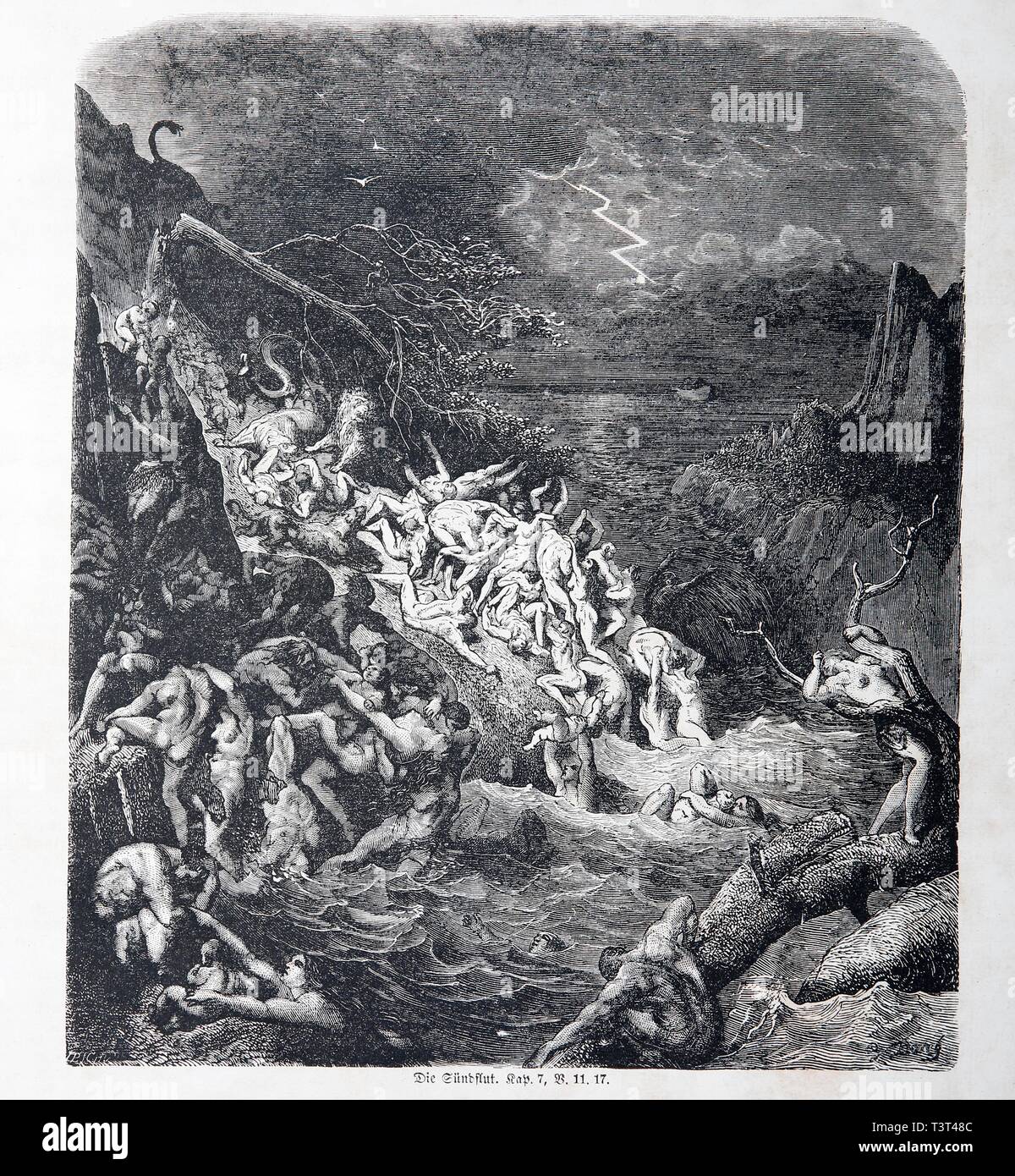 Die Flut, Historische Illustration in einer alten Bibel von 1886, Altes Testament, der Heiligen Schrift, Deutschland Stockfoto