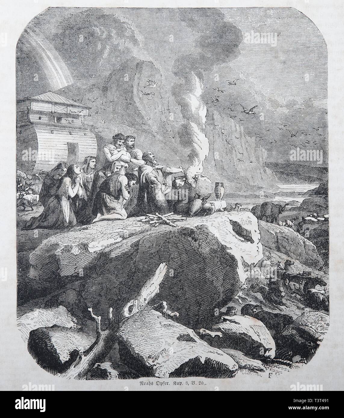 Noahs Opfer, Historische Illustration in einer alten Bibel von 1886, Altes Testament, der Heiligen Schrift, Deutschland Stockfoto