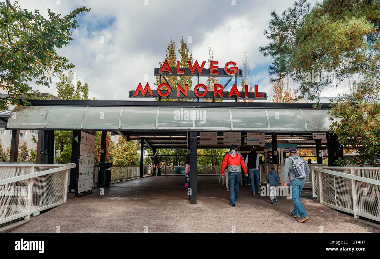 Alweg Monorail Station, das Seattle Center, Seattle, Washington, USA Stockfoto