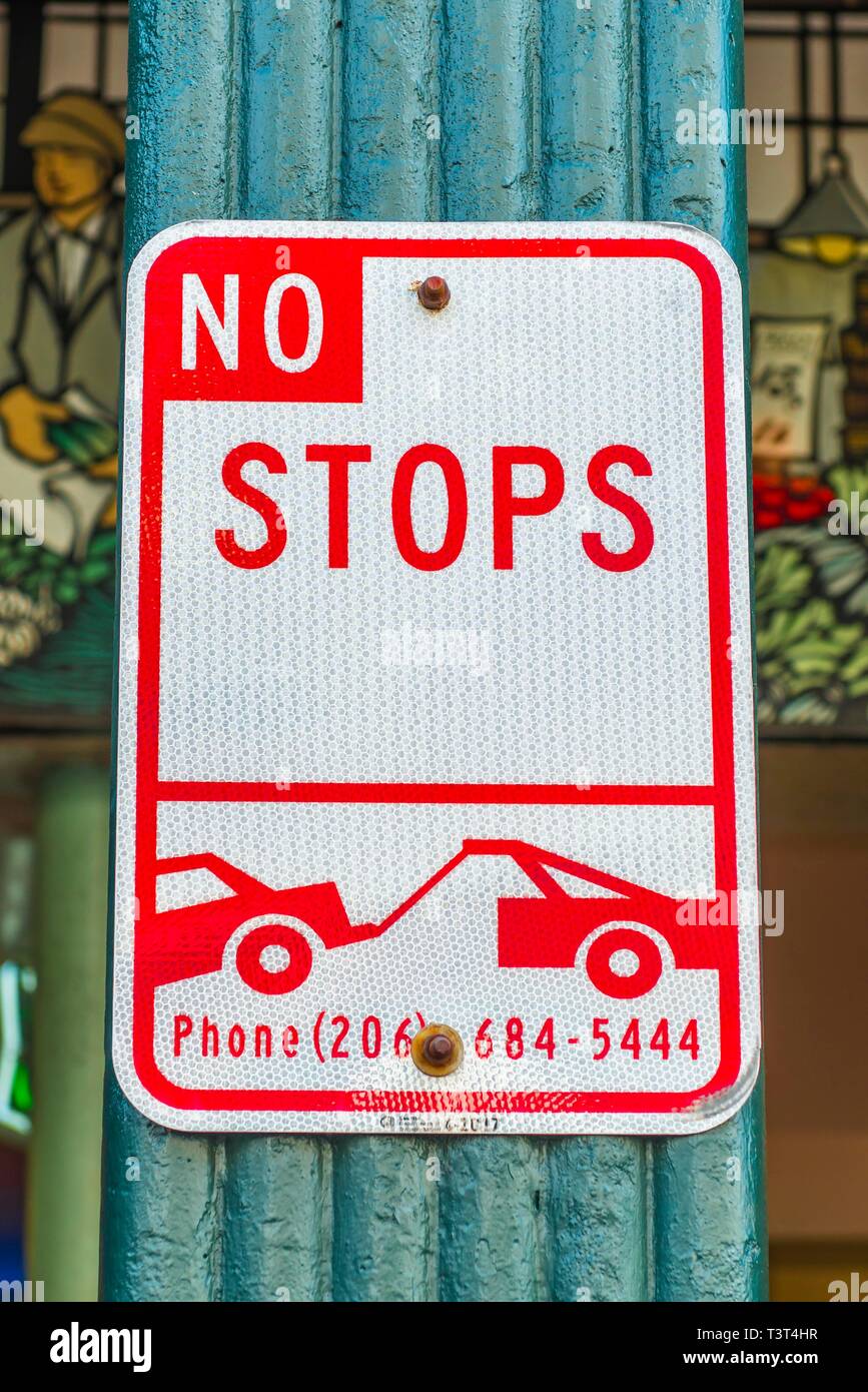 Zeichen keine Parkplätze, keine Anschläge, keine Parkplätze, Washington, USA Stockfoto