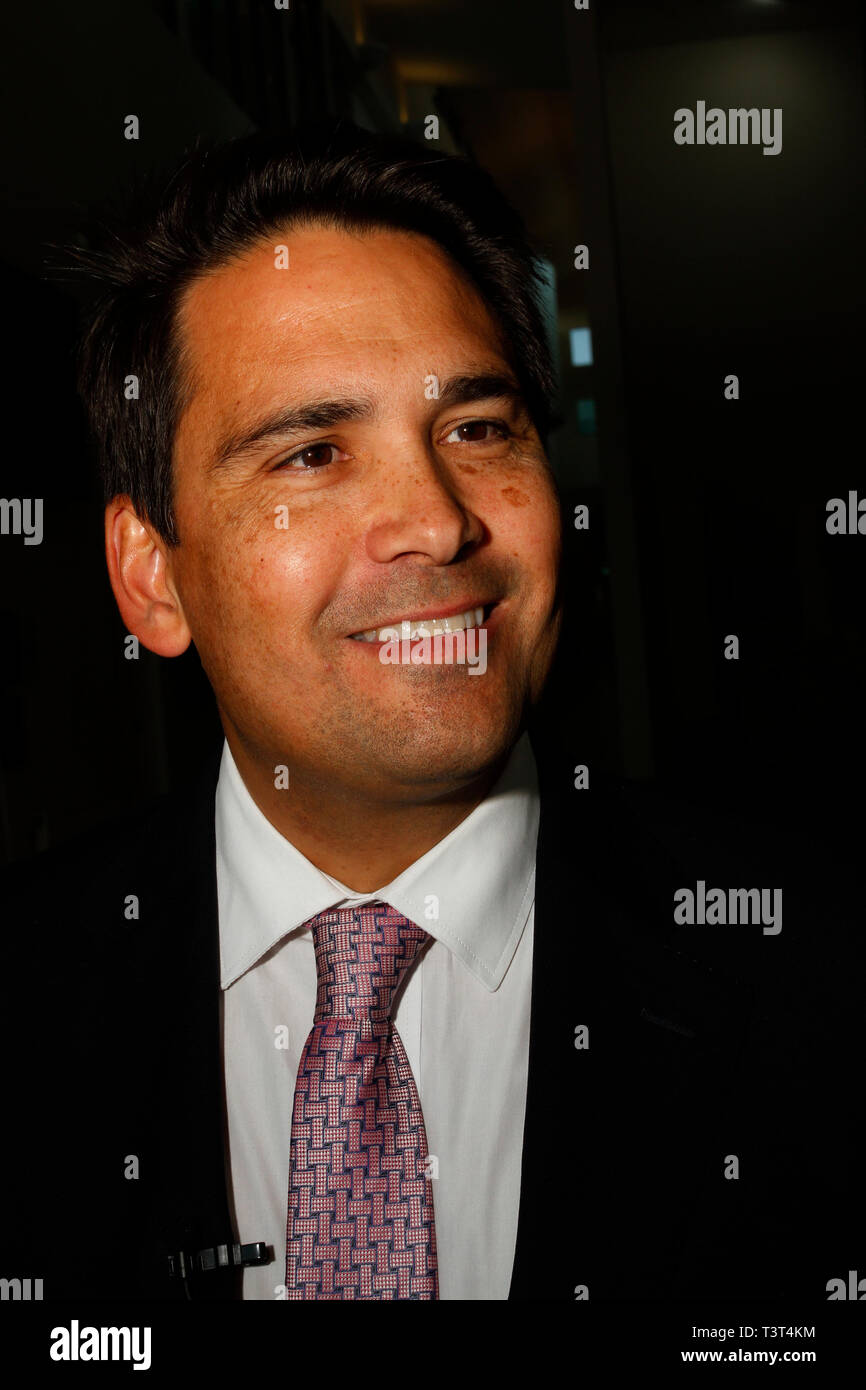 Invercargill, Neuseeland - 11. April 2018 - Simon Brücken, der Führer der Opposition Neuseelands nationale Partei in Invercargill. Stockfoto