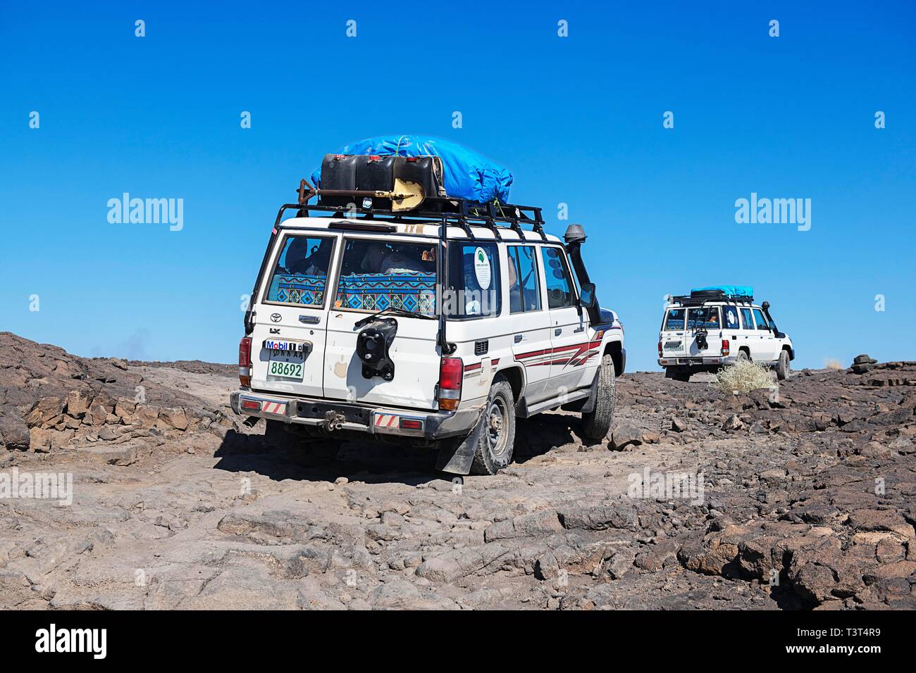 Jeep Tour Camp der Erta Ale Vulkan, Vulkangestein, Danakil-wüste, Äthiopien Stockfoto