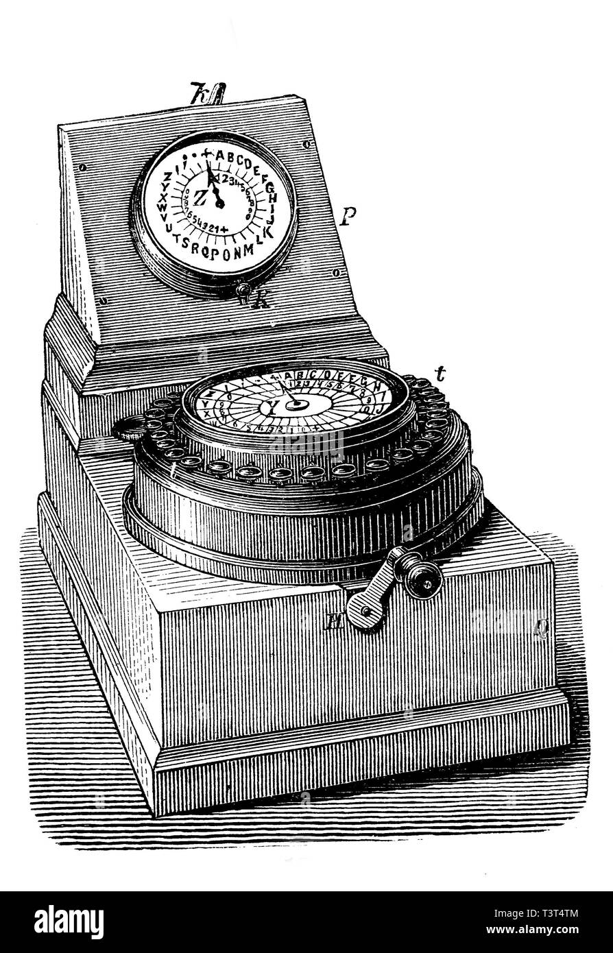 Telegraph, Zeigertelegraf von Charles Wheatstone, 1880, historische Holzschnitt, Deutschland Stockfoto