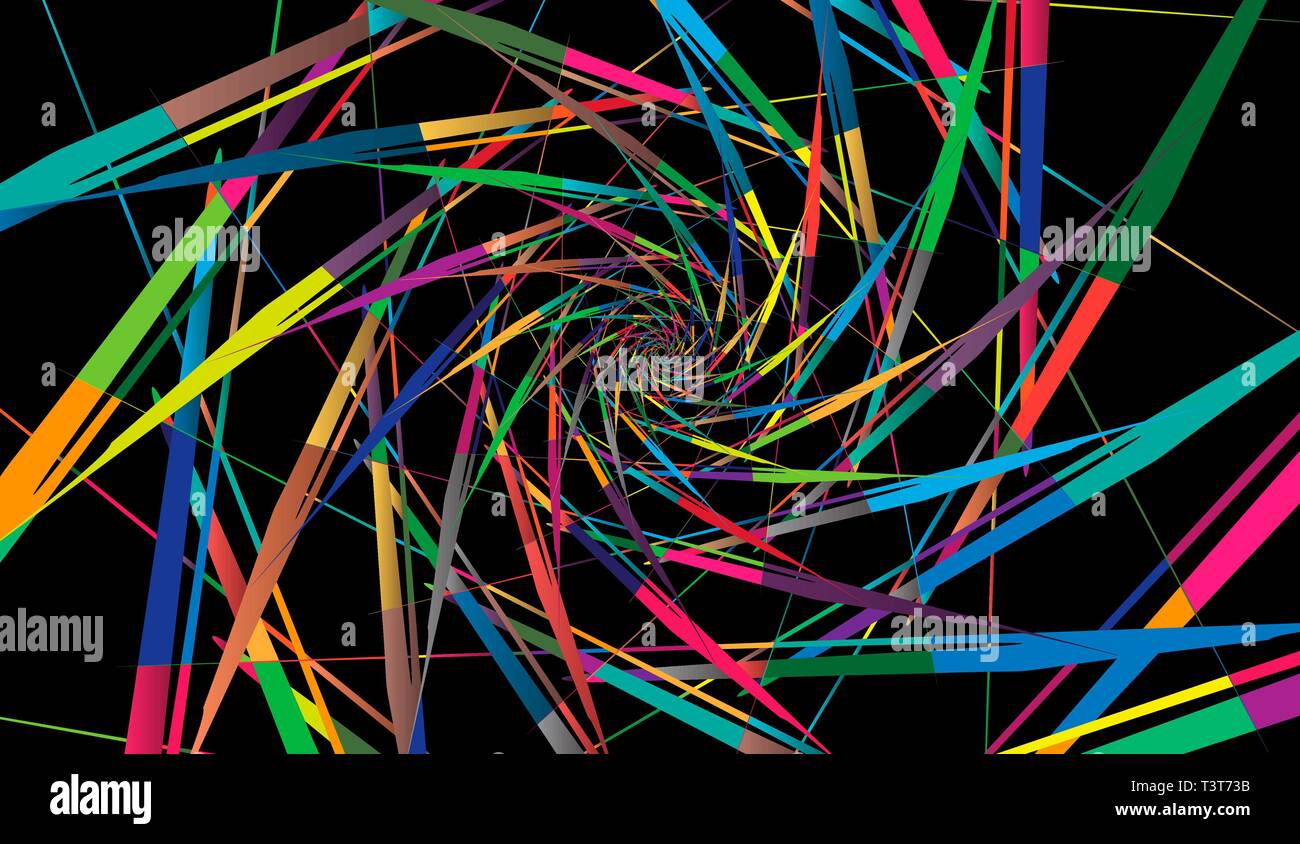 Abstract multicolor Muster auf schwarzen Hintergrund. Radiale rotierende Formen. Stock Vektor