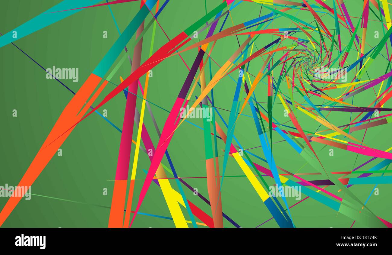Abstract multicolor Muster auf grünem Hintergrund. Ray-förmige rotierende Formen. Stock Vektor