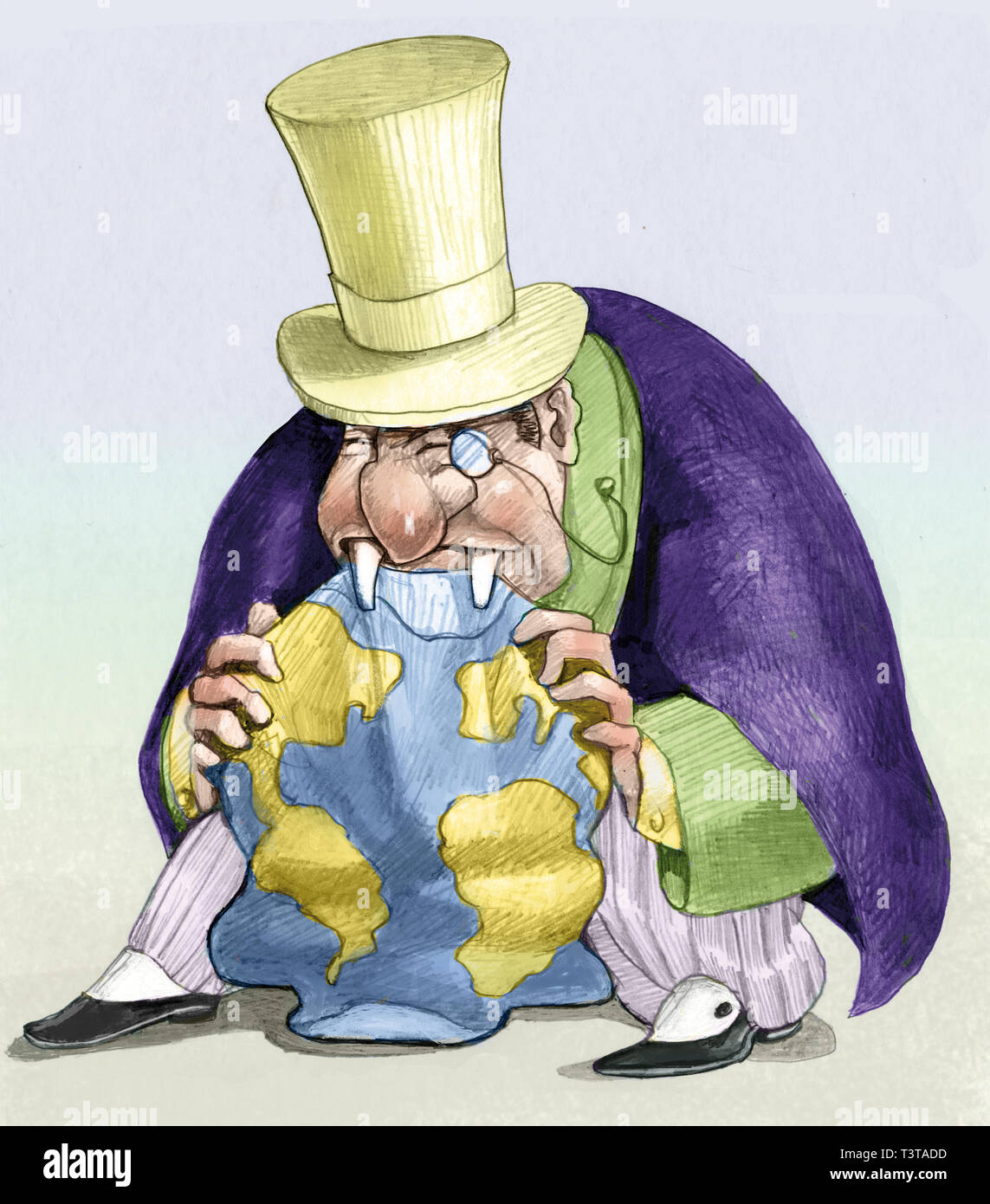 Unternehmer Vampir gierig getrunken den Planeten Metapher der Macht, zerstört die Erde politische Karikatur Stockfoto