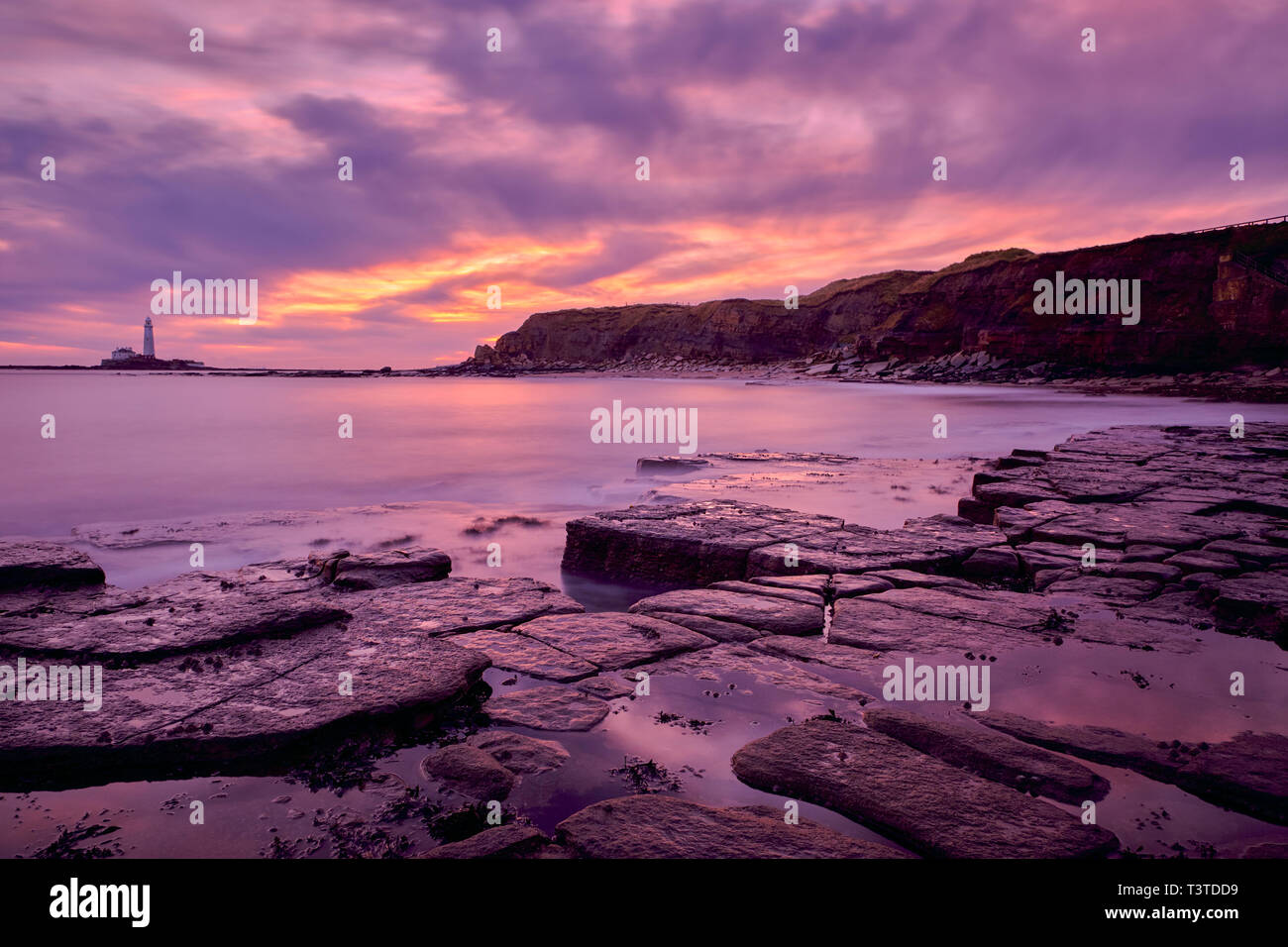 England, Northumberland, Alte Hartley. Alte Hartley Bay in der Morgendämmerung, Richtung St Mary's Leuchtturm suchen. Stockfoto