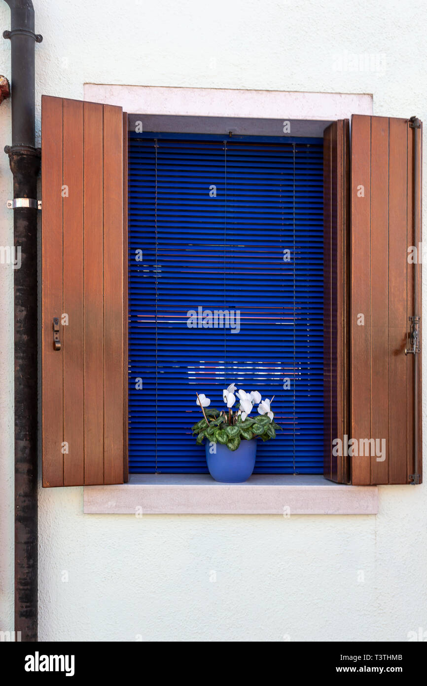 Blumentöpfe in Burano Italien Stockfoto