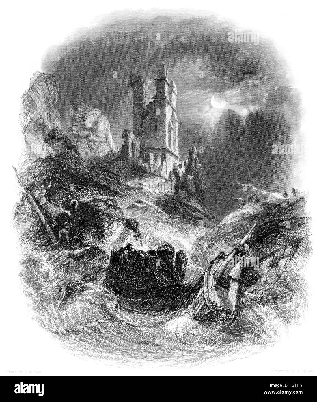 Eine Gravur der Dunstanborough Castle (dunstanburgh) von Moonlight gescannt und in hoher Auflösung aus einem Buch 1842 veröffentlicht. Glaubten copyright frei. Stockfoto