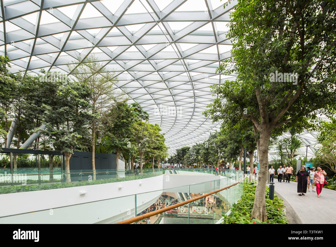 Die Leute genießen den Indoor Greenwalk am Jewel Changi Airport, Singapur Stockfoto