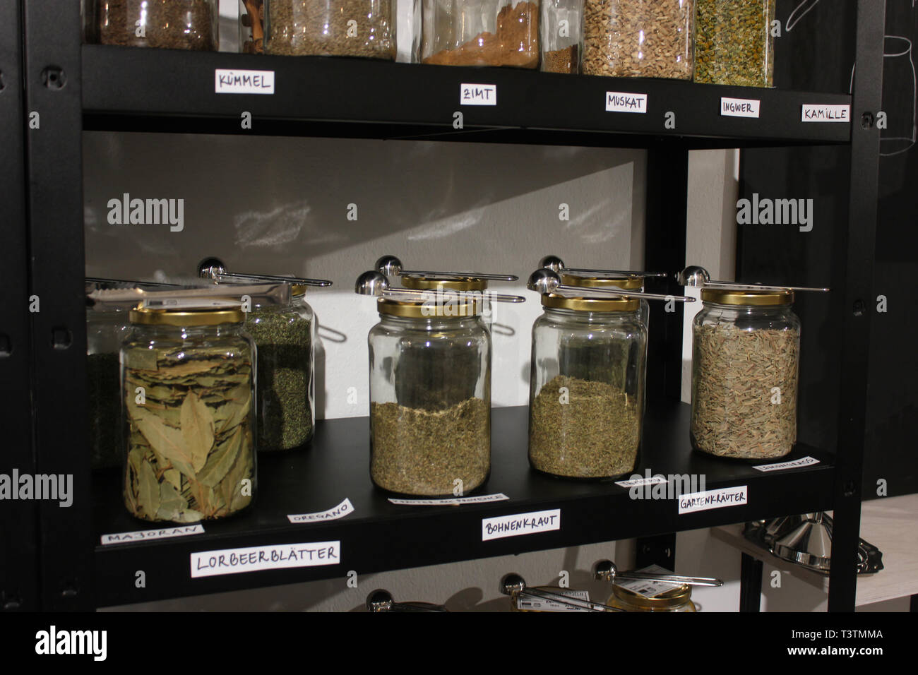 Kräuter in null Abfall Weise in Glasbehältern vorgestellt. Stockfoto