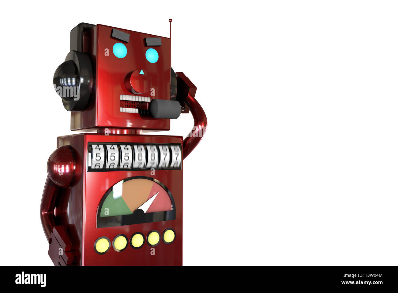 3D-Illustration: rote Metall Roboter in Kopfhörer mit Headset telefonieren Kunden mit ärgerlichen Anzeigen, wählt die Telefonnummer zufällig, Spambot, robocalls Stockfoto