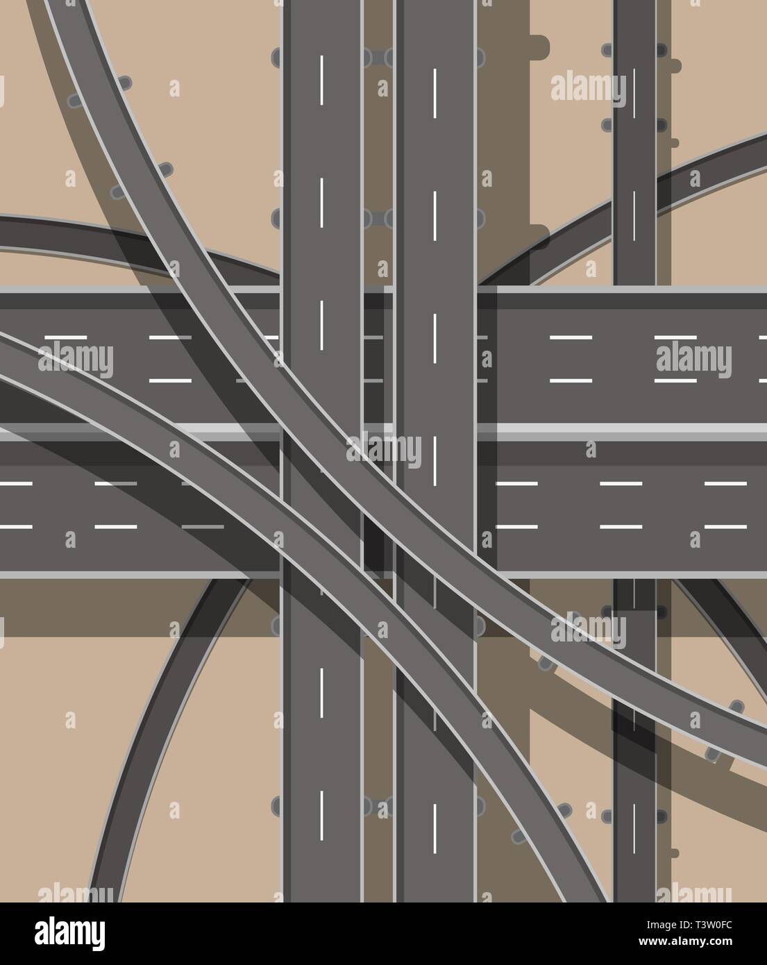 Moderne Straßen und Verkehr. Ansicht von oben. Straße und Autobahn Kreuzung. Kreuzungen und Überführungen. Oben betrachten. Vector Illustration im flachen Stil Stock Vektor