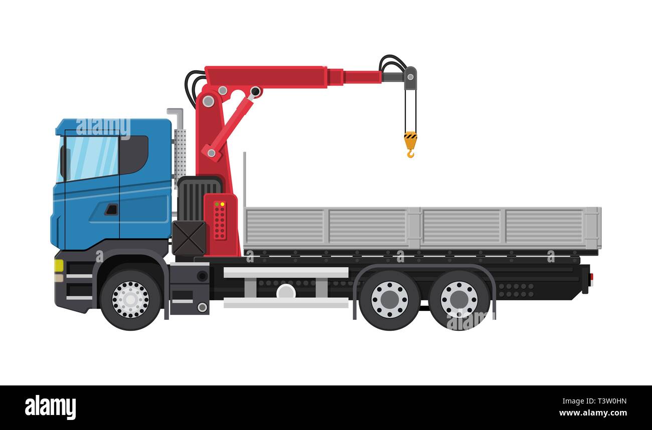 Lkw mit Kran und Plattform. Cargo Lieferwagen. Fahrzeug für Konstruktion und Bau. Wagen für den Transport. Anhänger. Vector Illustration in Stock Vektor