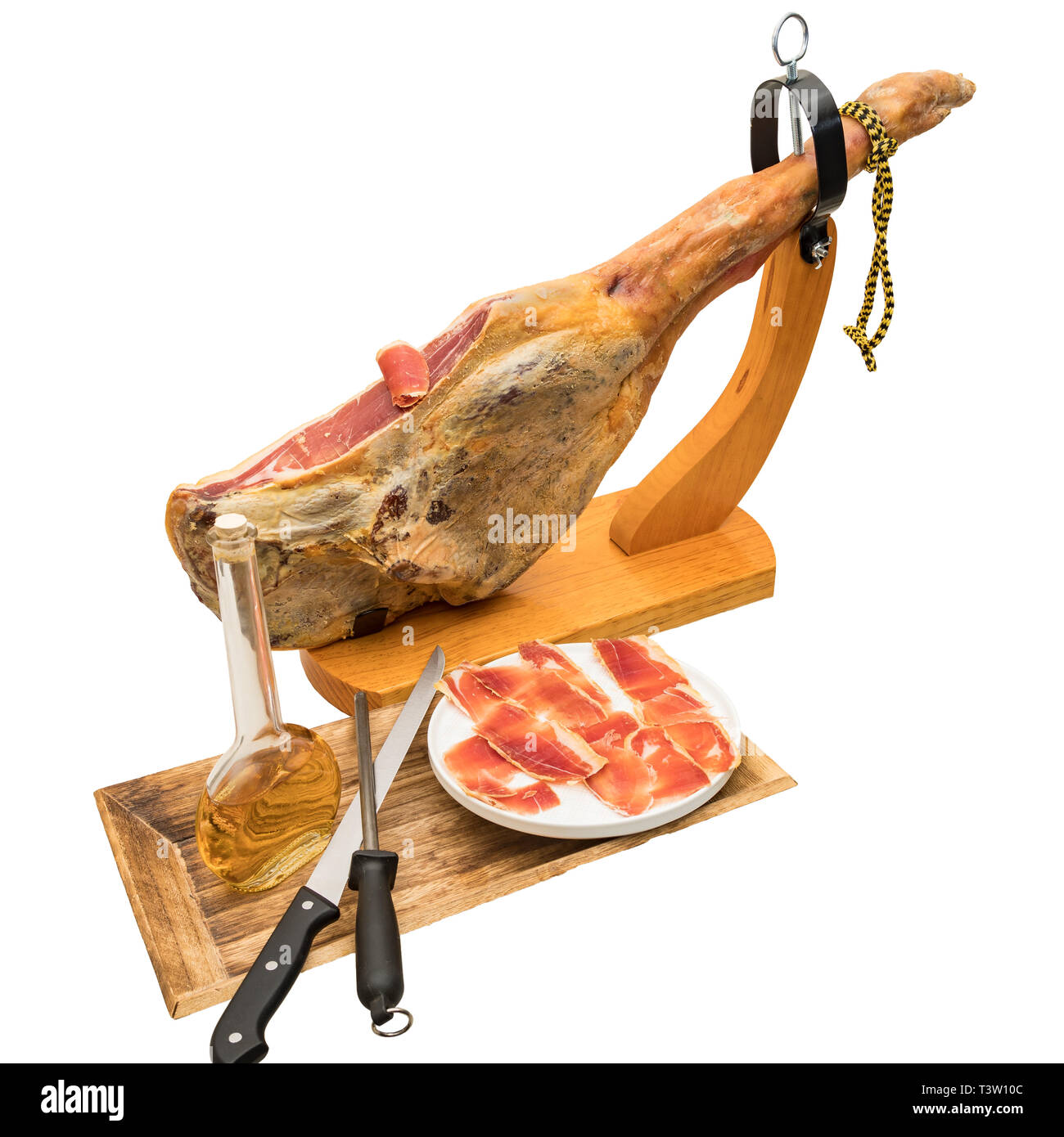 Spanischer Serrano Schinken auf das Bein mit Holz Halter - isoliert Stockfoto
