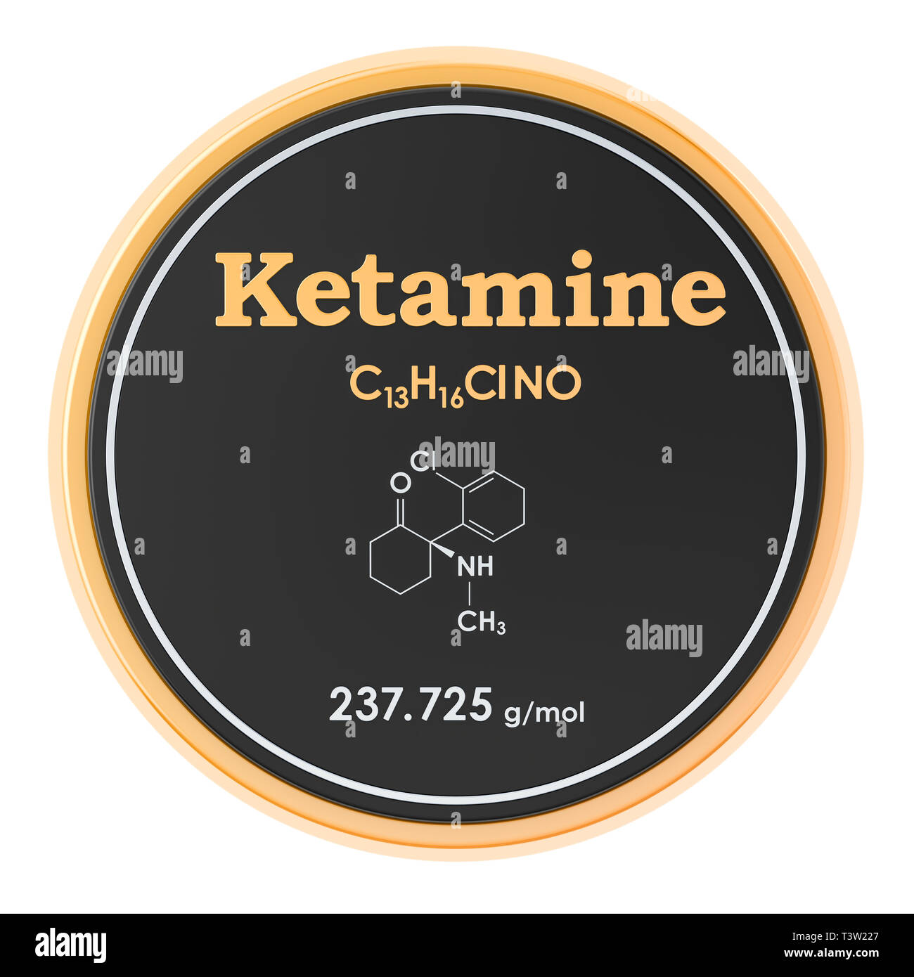 Ketamin. Die chemische Formel, der molekularen Struktur. 3D-Rendering auf weißem Hintergrund Stockfoto