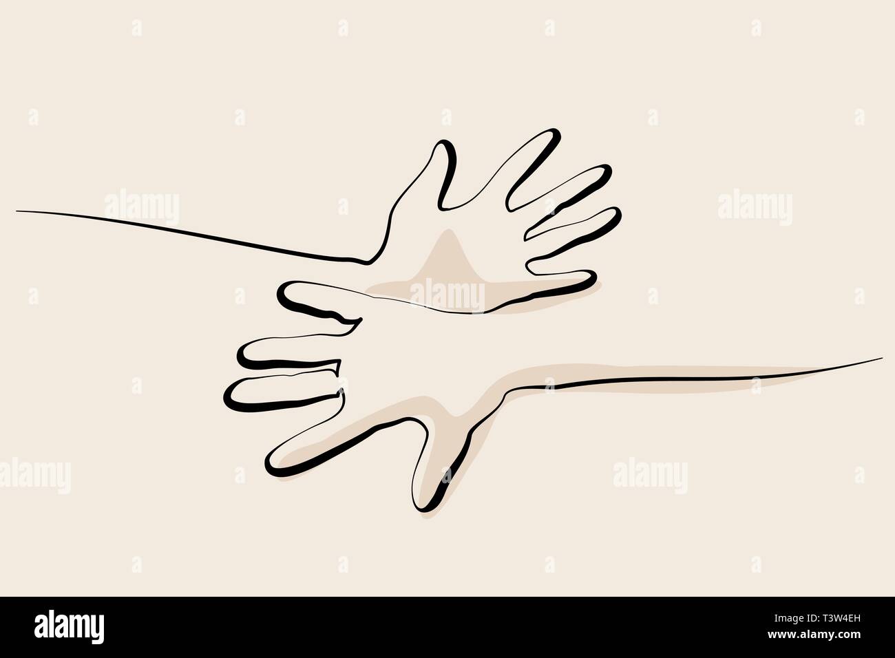 Kontinuierliche eine Linie zeichnen. Hände Handflächen zusammen. Vector Illustration Stock Vektor