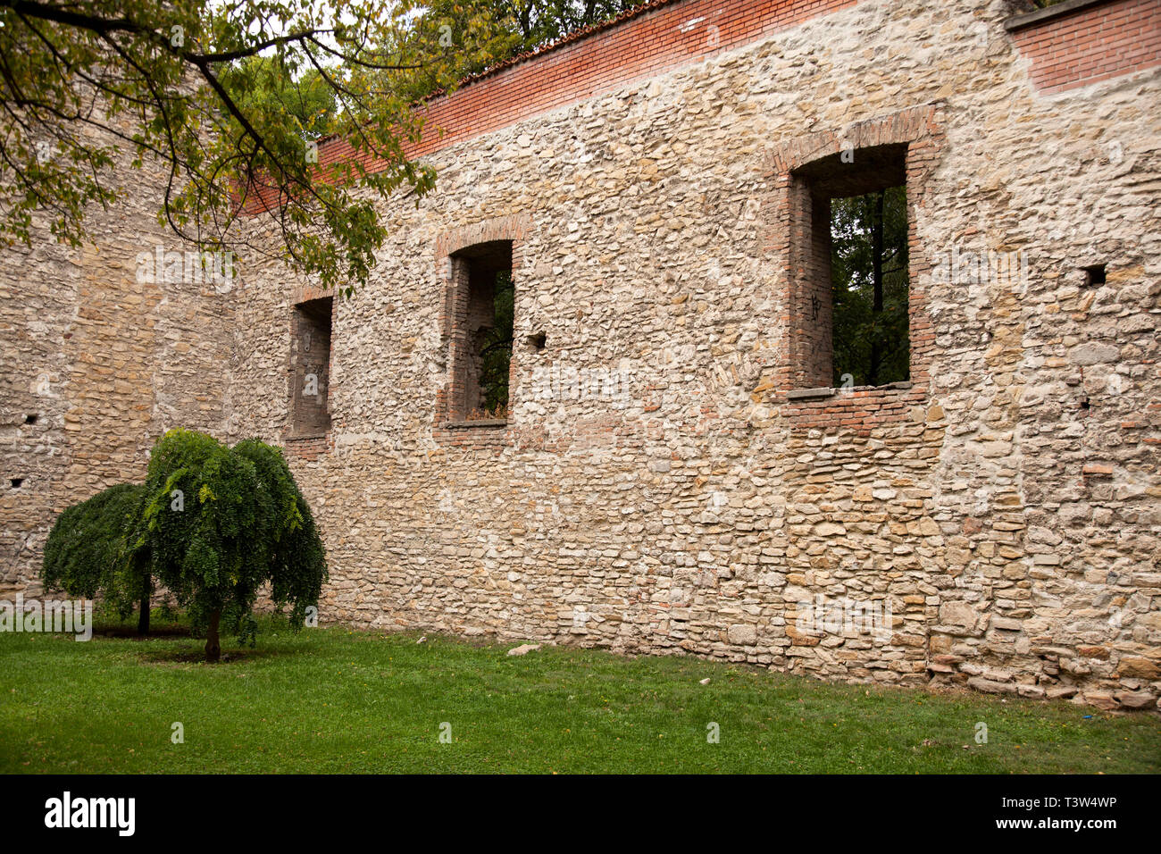 Überreste einer fransiscan Monaster auf der Margareteninsel. Diese Ruinen - nicht mehr als ein Turm und eine Mauer, die bis Ende des 13. Jahrhunderts Stockfoto Überreste einer fransiscan Monaster auf der Margareteninsel. Diese Ruinen - nicht mehr als ein Turm und eine Mauer, die bis Ende des 13. Jahrhunderts Stockfoto