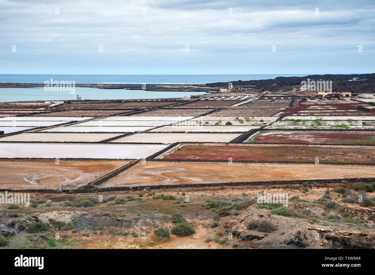 Mit Blick auf den Salinas de Janubio von der Strasse Stockfoto