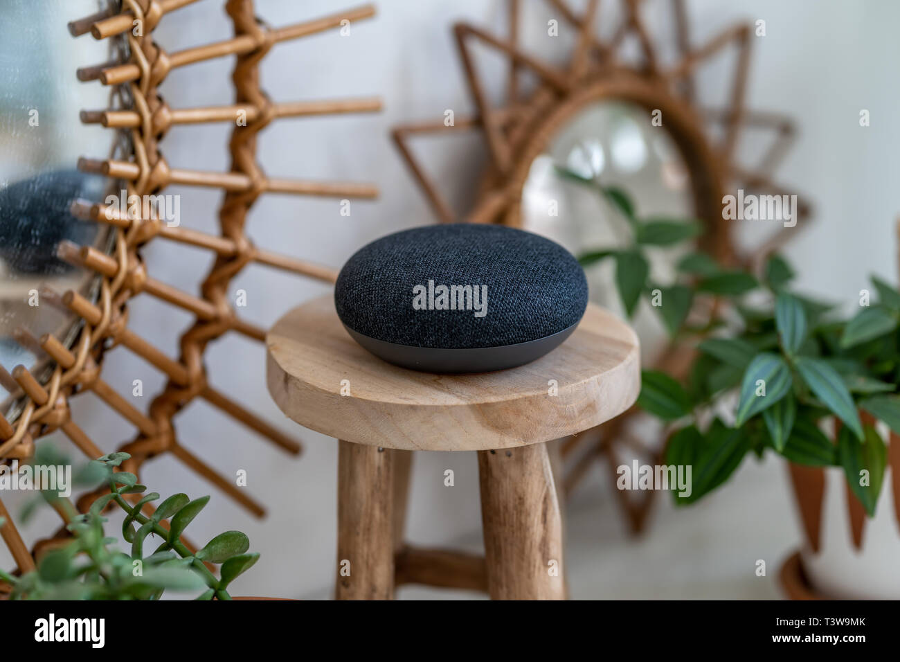 Wien, Österreich - 4 April: Google Home Mini auf einen hölzernen Tisch mit grünen Pflanzen im Hintergrund Stockfoto