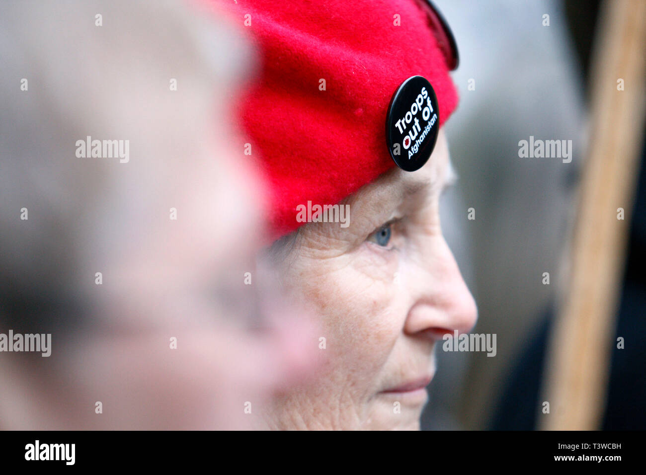Truppen raus aus Afghanistan Abzeichen. Stoppt den Krieg Koalition Protest gegen den Irak Anfrage wie Tony Blair belegen. QEII Konferenzzentrum. 21.01.2011. Stockfoto