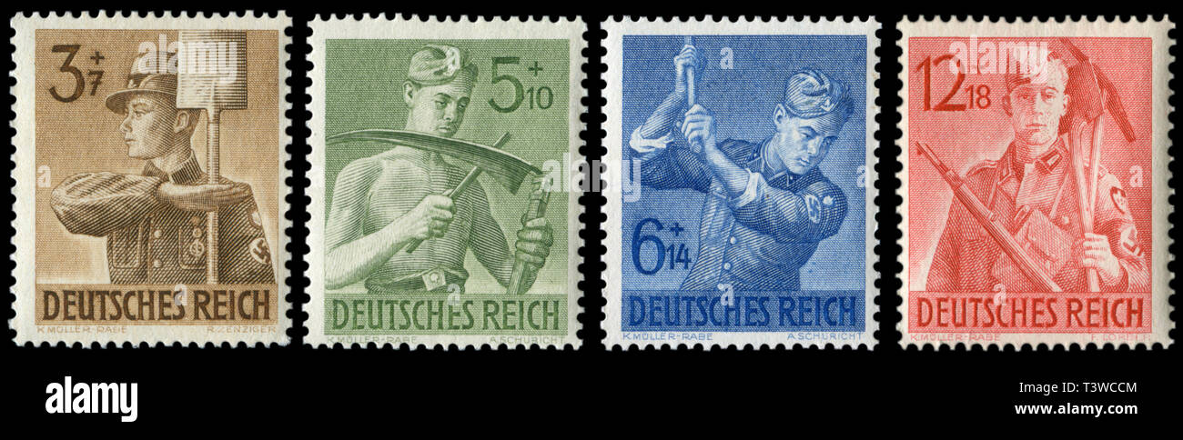 Satz von deutschen Briefmarke: rad Arbeiter in Uniform mit Waffen und Werkzeuge, 8. Jahrestag des Kaiserlichen Arbeitsdienst, 1943, Deutschland, DR Stockfoto