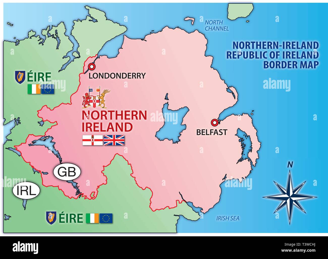 Nordirland und Irland Karte mit Rand, Flaggen und nationale Symbole, Vektor, Abbildung Stock Vektor