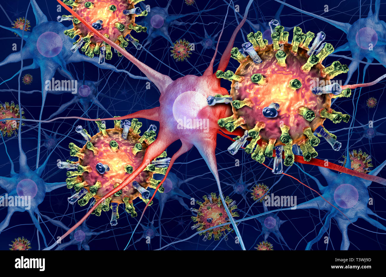 Enzephalitis Infektion als masernvirus im Gehirn anstecken der mikroskopischen Neuronen als virale Meningitis Konzept als 3D-Rendering. Stockfoto