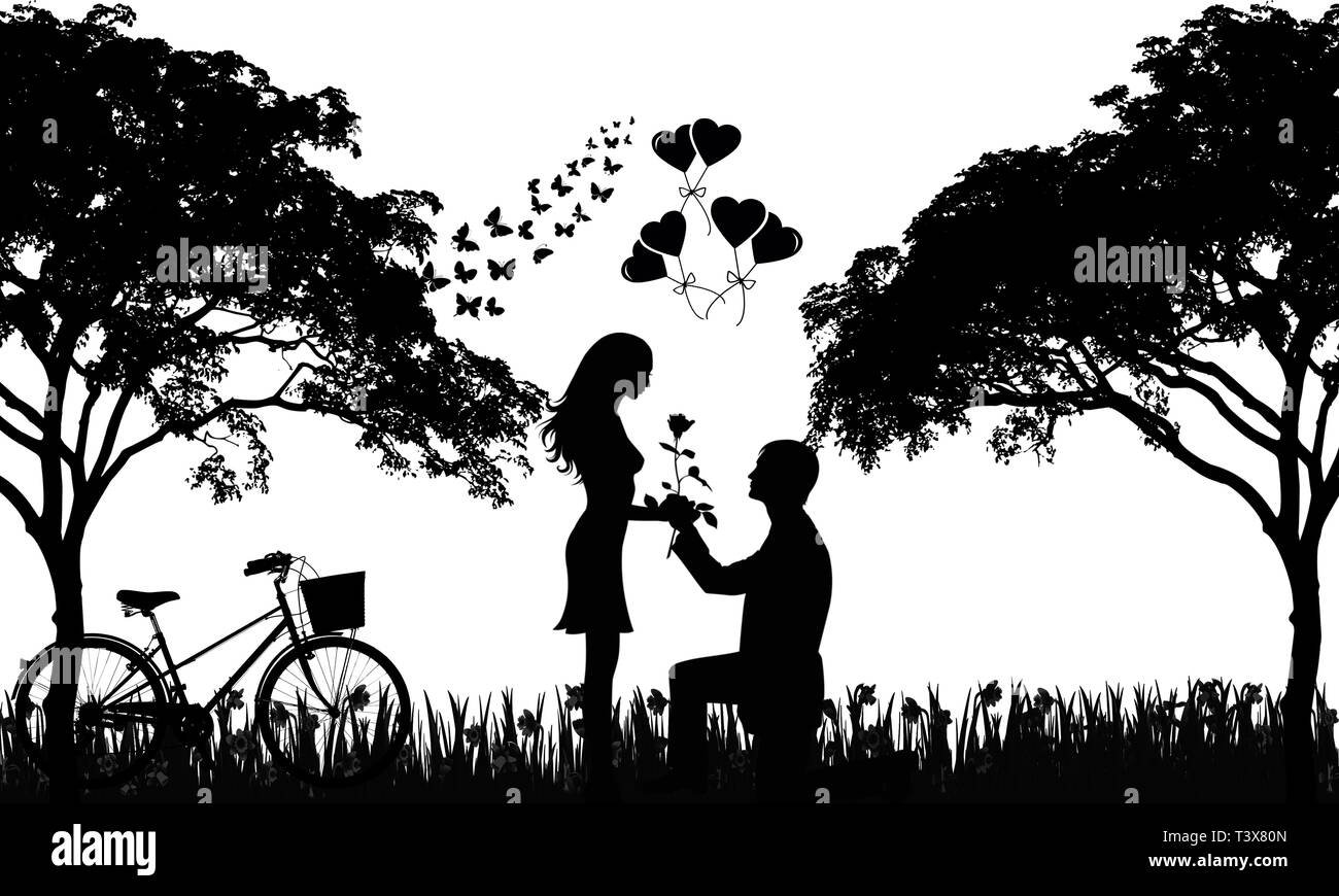 Silhouette Abbildung: Romantisches Paar haben heiratsantrag auf klassischen schwarzen und weißen Hintergrund. Glückliches junges Paar. Flache Bauform. Stockfoto