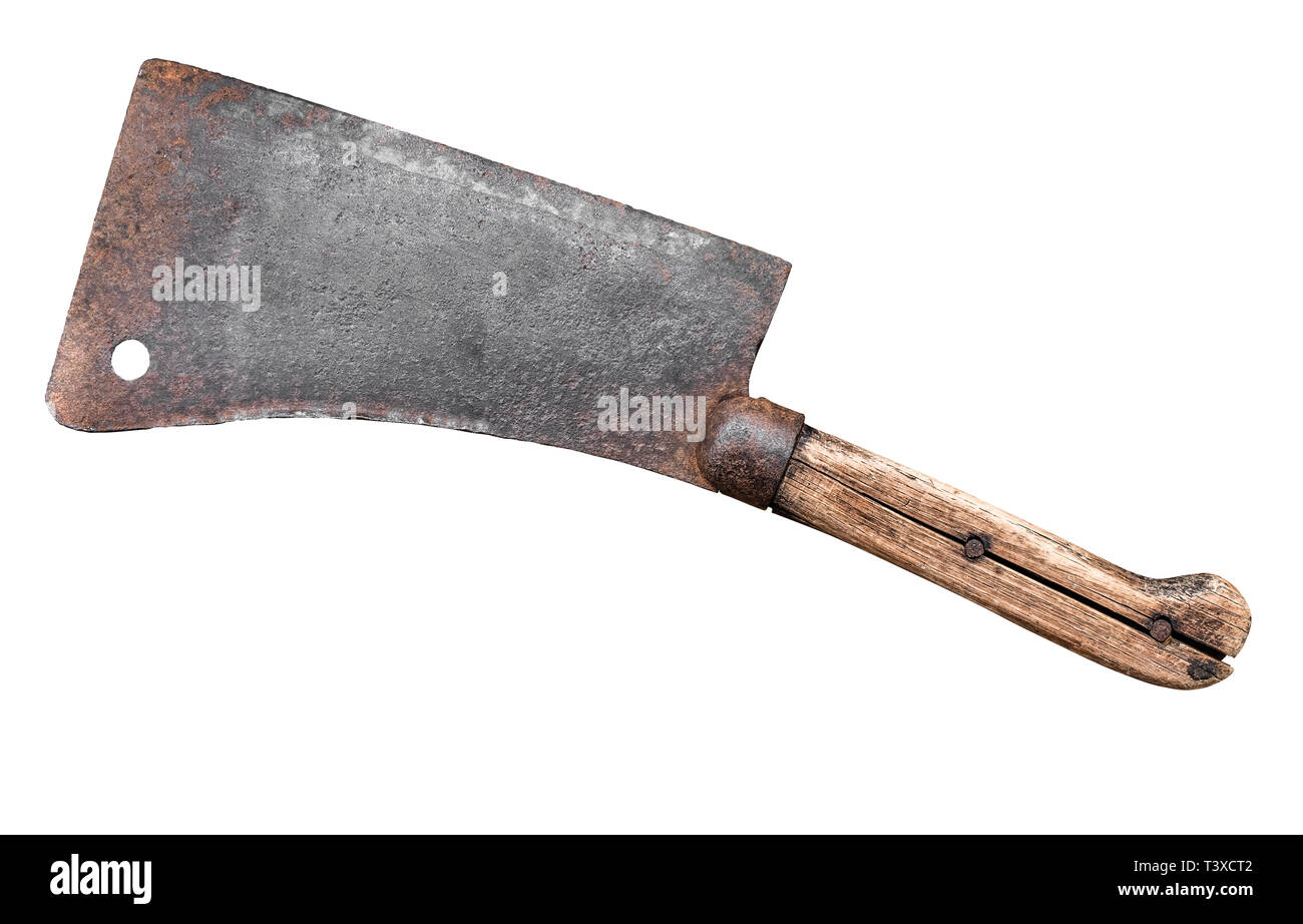 Isolierte Altmodische Fleisch Cleaver oder Beil Messer auf einem weißen Hintergrund Stockfoto