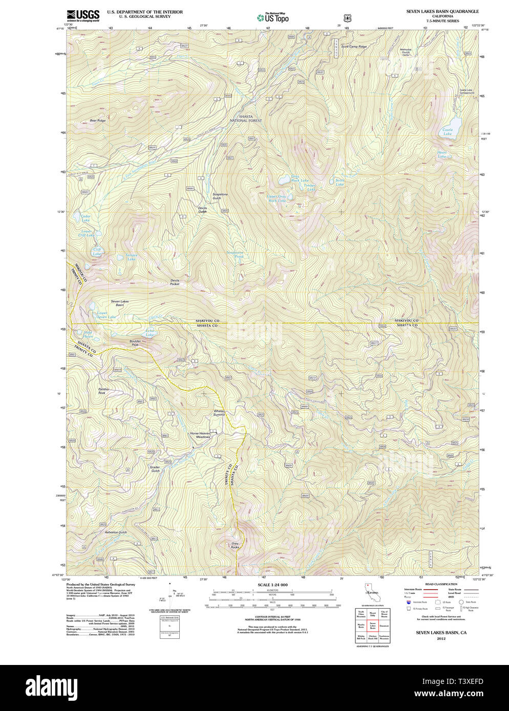 USGS TOPO Karte Kalifornien CA sieben Seen 20120305 TM Wiederherstellung Stockfoto