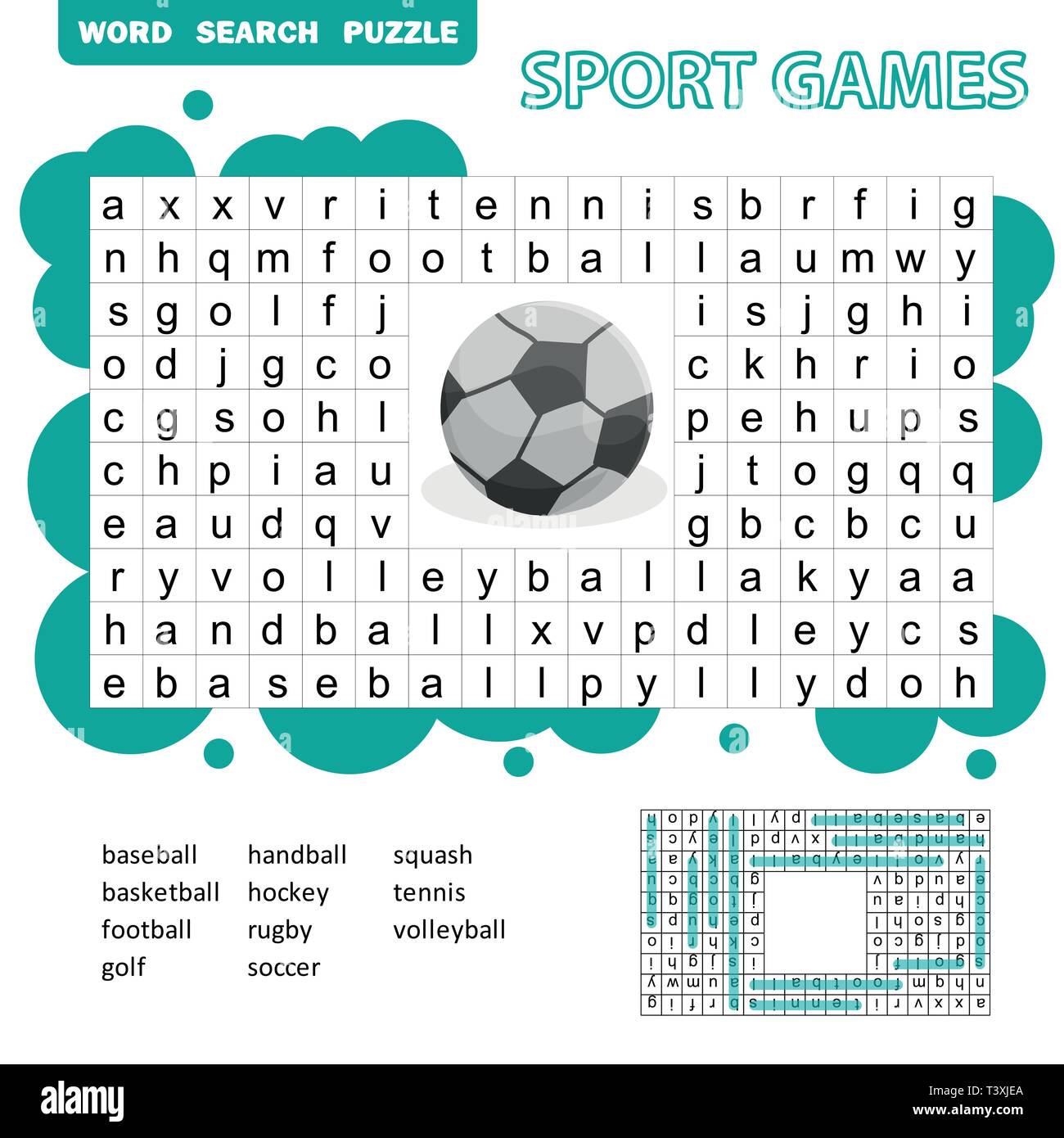 Sport Spiele themed Word Search Puzzle für Kinder. Antwort enthalten. Spaß Bildung Spiel für Kinder, Vorschule Arbeitsblatt Aktivität, Vector Illustration Stock Vektor