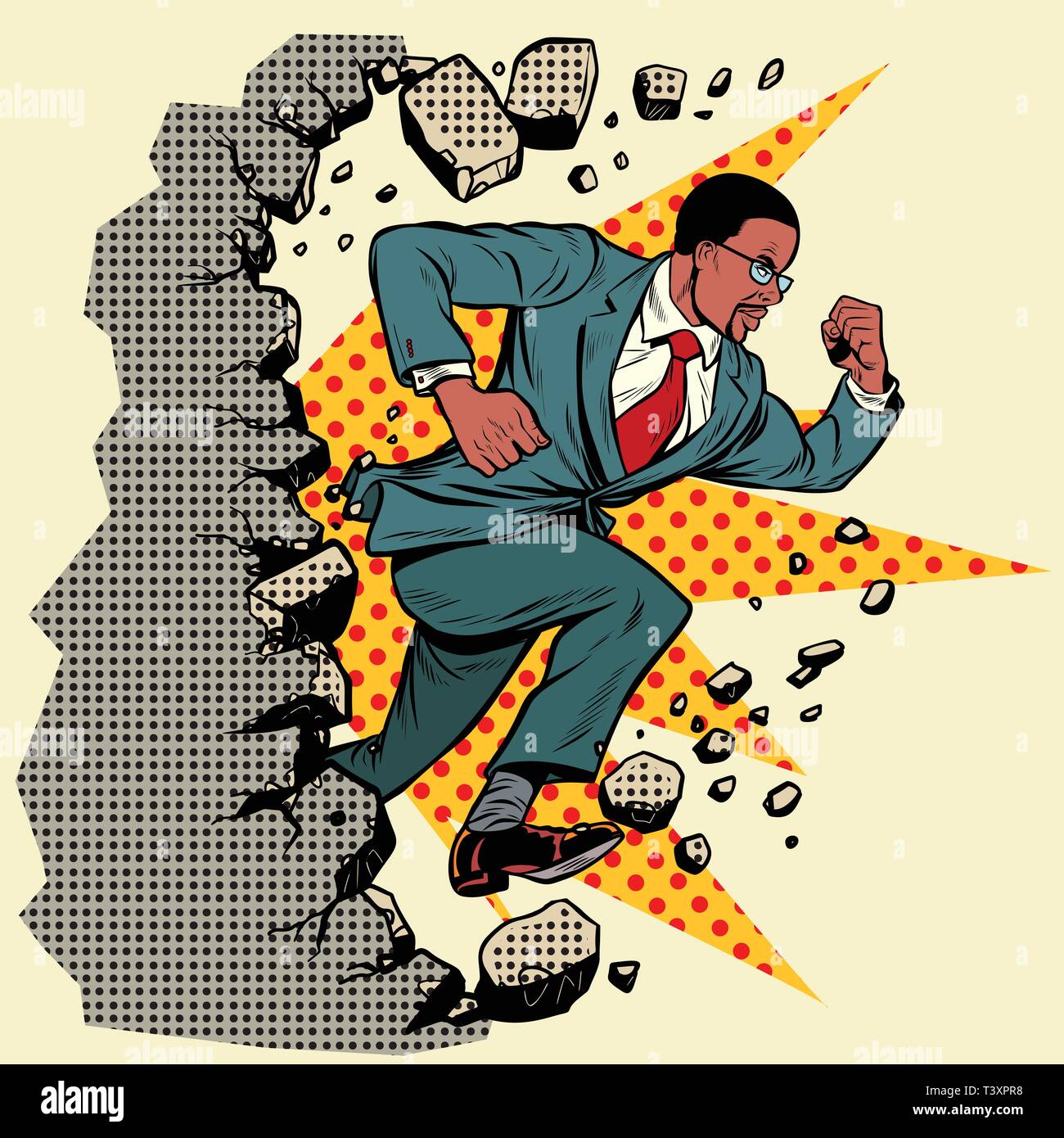 Leader afrikanischen Geschäftsmann bricht eine Mauer, zerstört die Stereotypen. Vorwärts bewegen, persönliche Entwicklung. Pop Art retro Vektor illustration Vintage kitsch Stock Vektor