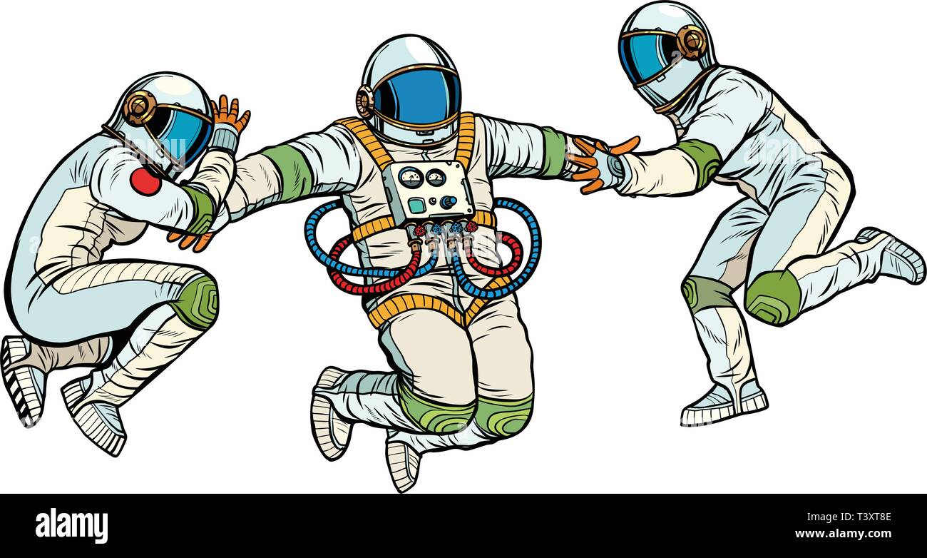 Drei Astronauten im Weltraum in der Schwerelosigkeit. auf weißem Hintergrund isolieren. Pop Art retro Vektor Illustration kitsch Vintage Stock Vektor