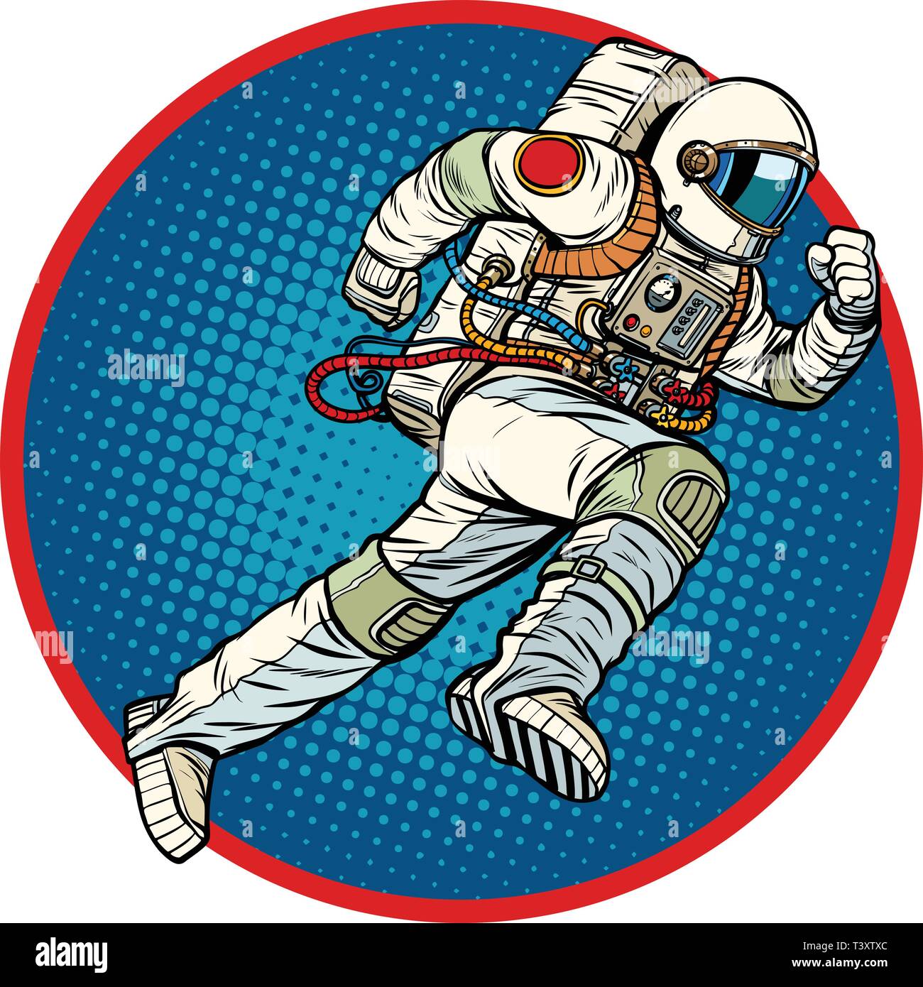 Astronaut läuft nach vorne runde Emblem. Pop Art retro Vektor illustration Vintage kitsch Stock Vektor
