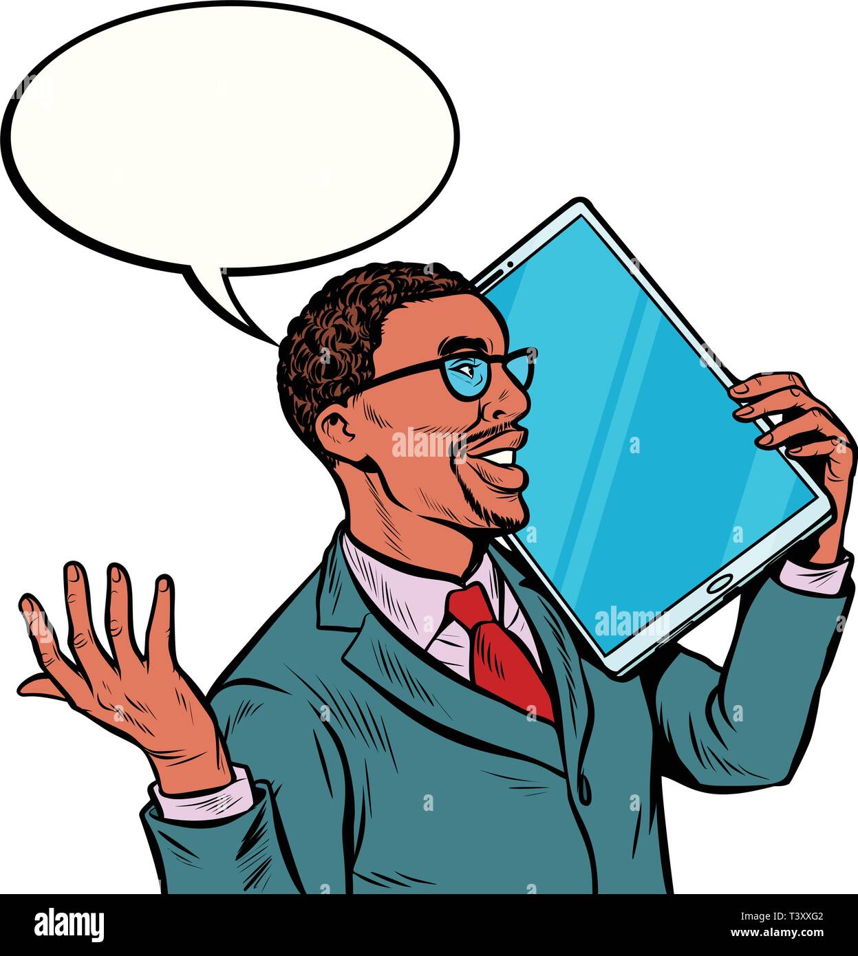 Afrikanische Unternehmer sprechen über das Telefon mit einem sehr großen Bildschirm, Tablet. Humor gadgets Technik. auf weißem Hintergrund Pop Art retro Vektor isolieren Ich Stock Vektor