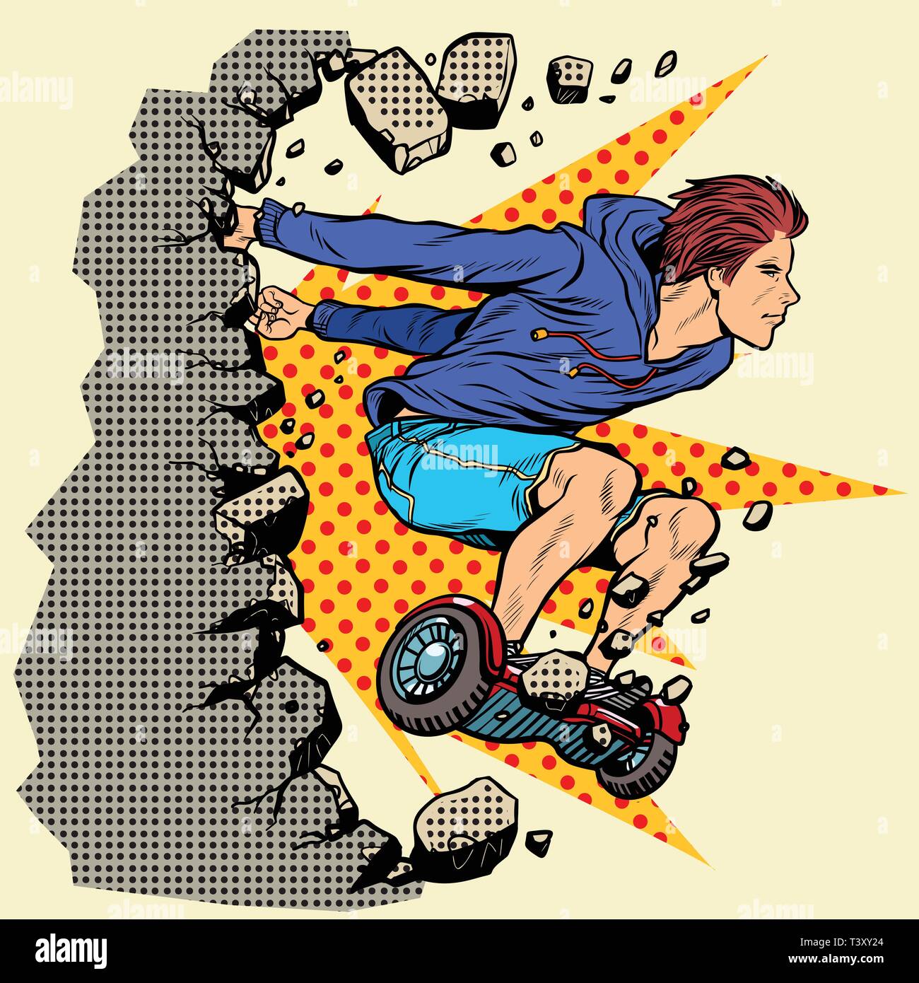 Extreme Teenager auf Hoverboard bricht die Wand. Pop Art retro Vektor Illustration vintage Kitsch 50s 60s Stock Vektor