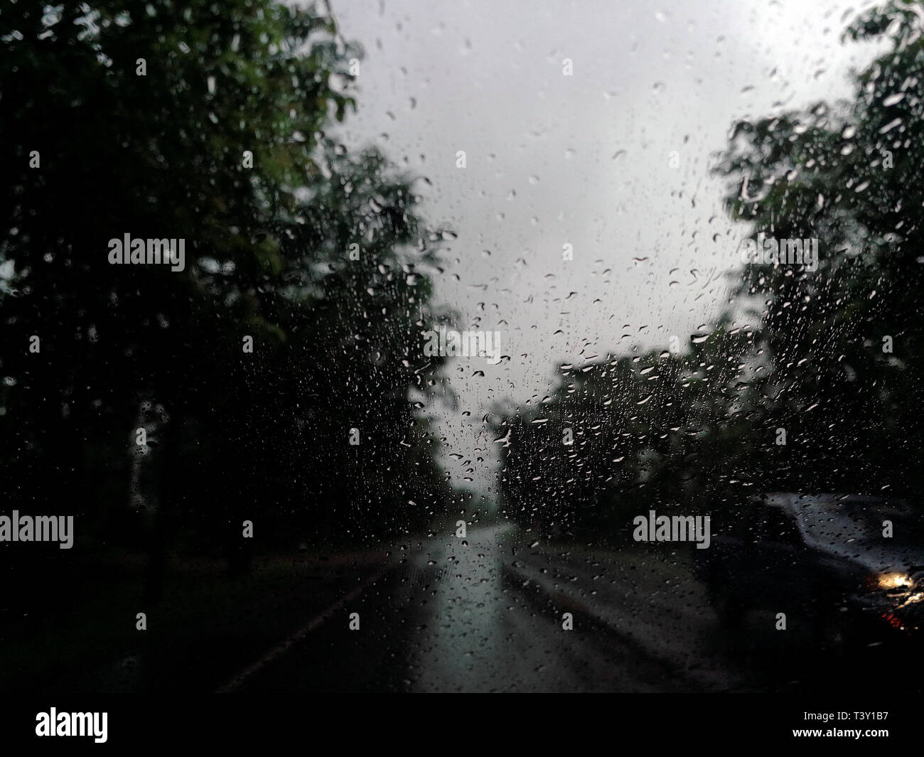 Regen fällt auf das Auto Glas Fenster mit Straße in der Regenzeit Abstract Background, Wassertropfen auf dem Glas, Nacht Sturm Regen Autofahren Konzept. Stockfoto