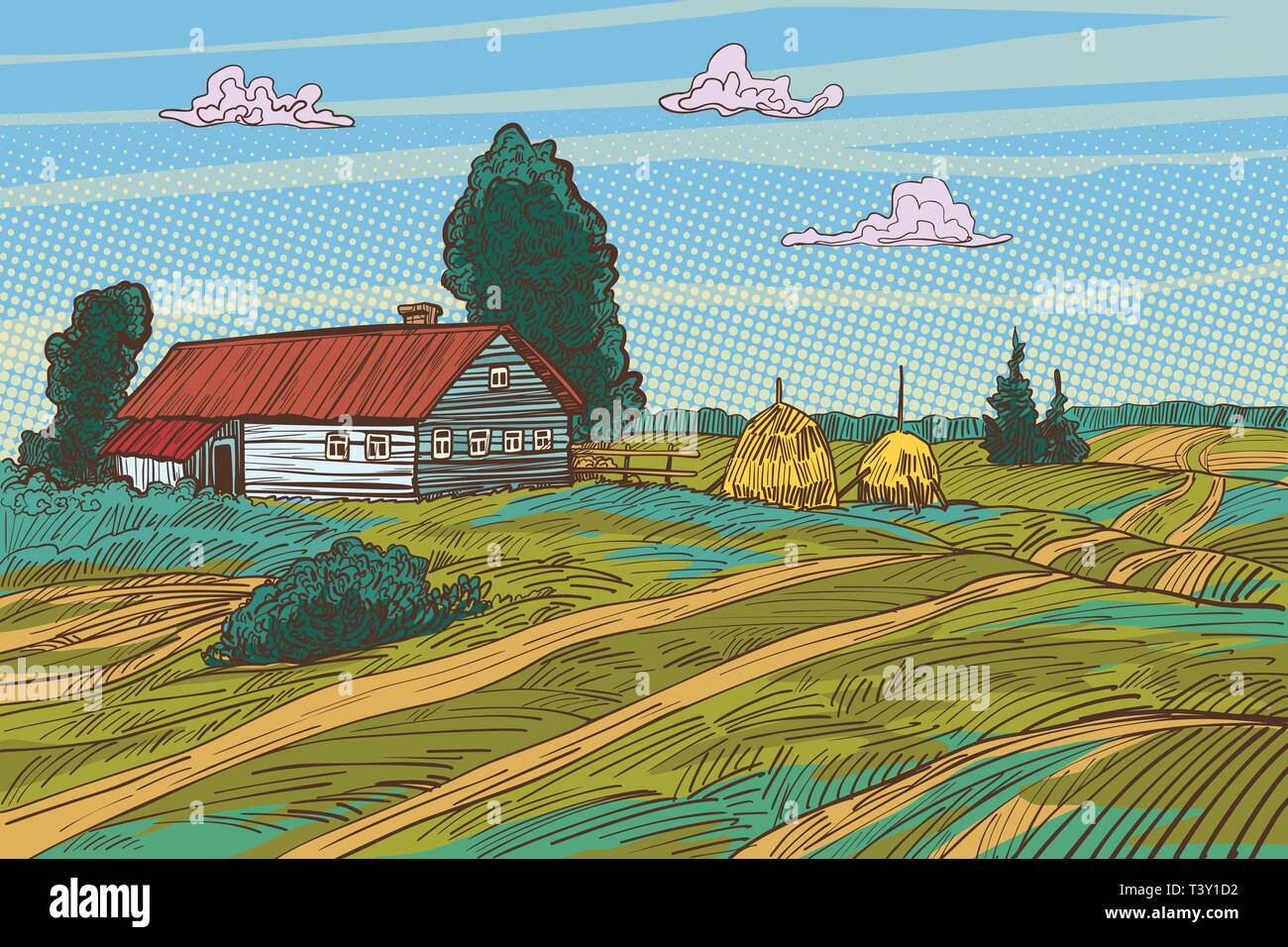 Landschaft Herbst Feld Häuser des Dorfes. Pop Art retro Vektor Illustration  vintage Kitsch 50s 60s Stock-Vektorgrafik - Alamy