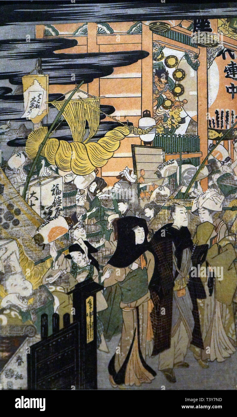 Am Ende des Jahres auf den Markt bringen in Asakusa, Holzschnitt, Katsukawa Shunko, Edo Periode, 19. Jahrhundert Stockfoto