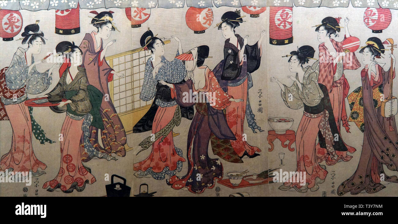 Augenbinde Spiele: Mitate (Parodie) Der Yuranosuke am Ichiriki Teehaus, Holzschnitt, durch Chokosai Eisho, Edo Periode, 18. Jahrhundert Stockfoto