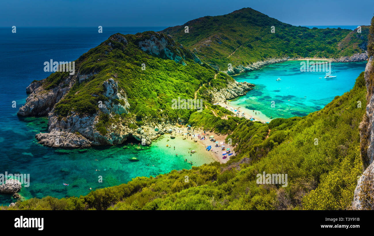 Luftaufnahme von Porto Timoni, Region Afionas Korfu Stockfoto