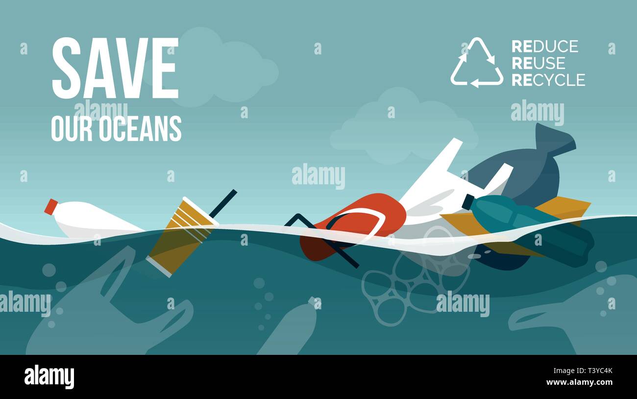 Verschmutztes Meer und Plastikmüll schwimmt auf der Oberfläche, motivationale Umweltschutz Werbung Stock Vektor
