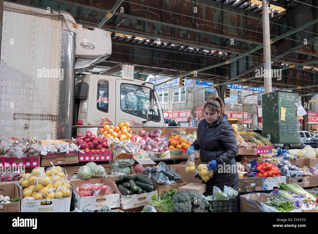 Ein Hispanic American Frau legt Zitronen an Ihrem Obst & Gemüse stehen auf Roosevelt Ave & Warren Street in der Corona, Queens, New York City. Stockfoto