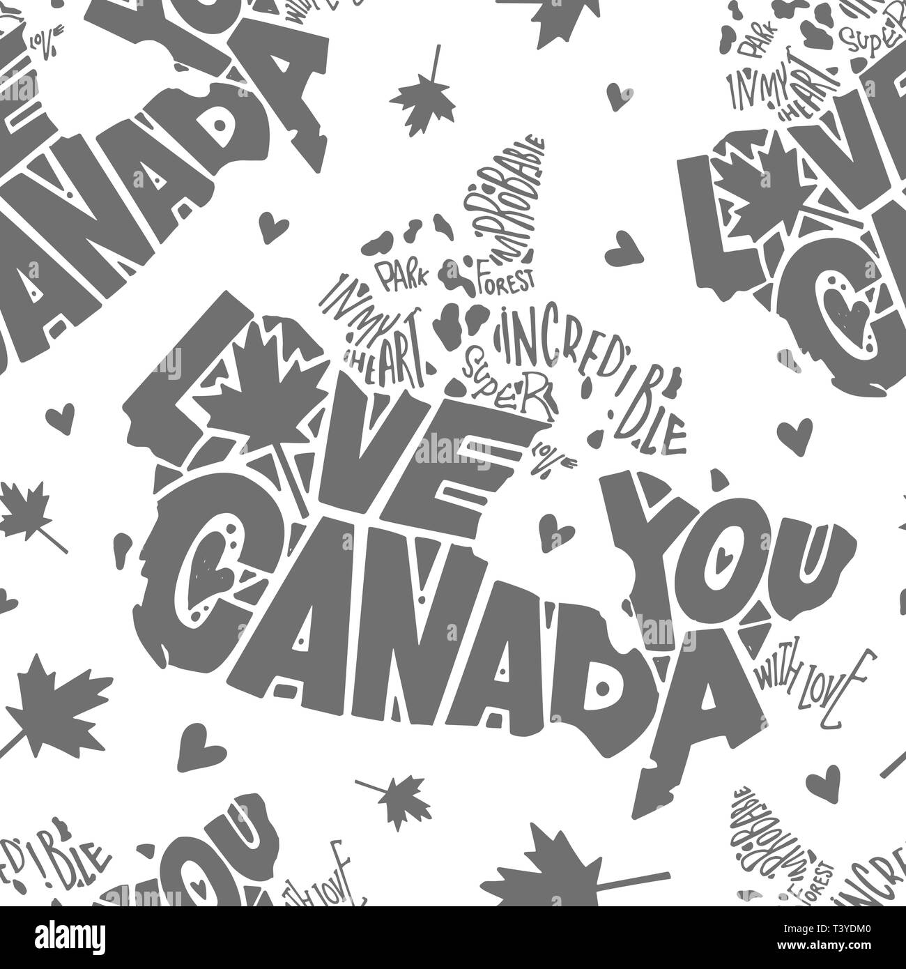Tag der Unabhängigkeit von Kanada Muster. Liebe dich, Kanada. Von Hand bemalt. Worte sind in der Silhouette des Landes Kanada eingeschrieben. Grau auf Weiß backgrou Stock Vektor