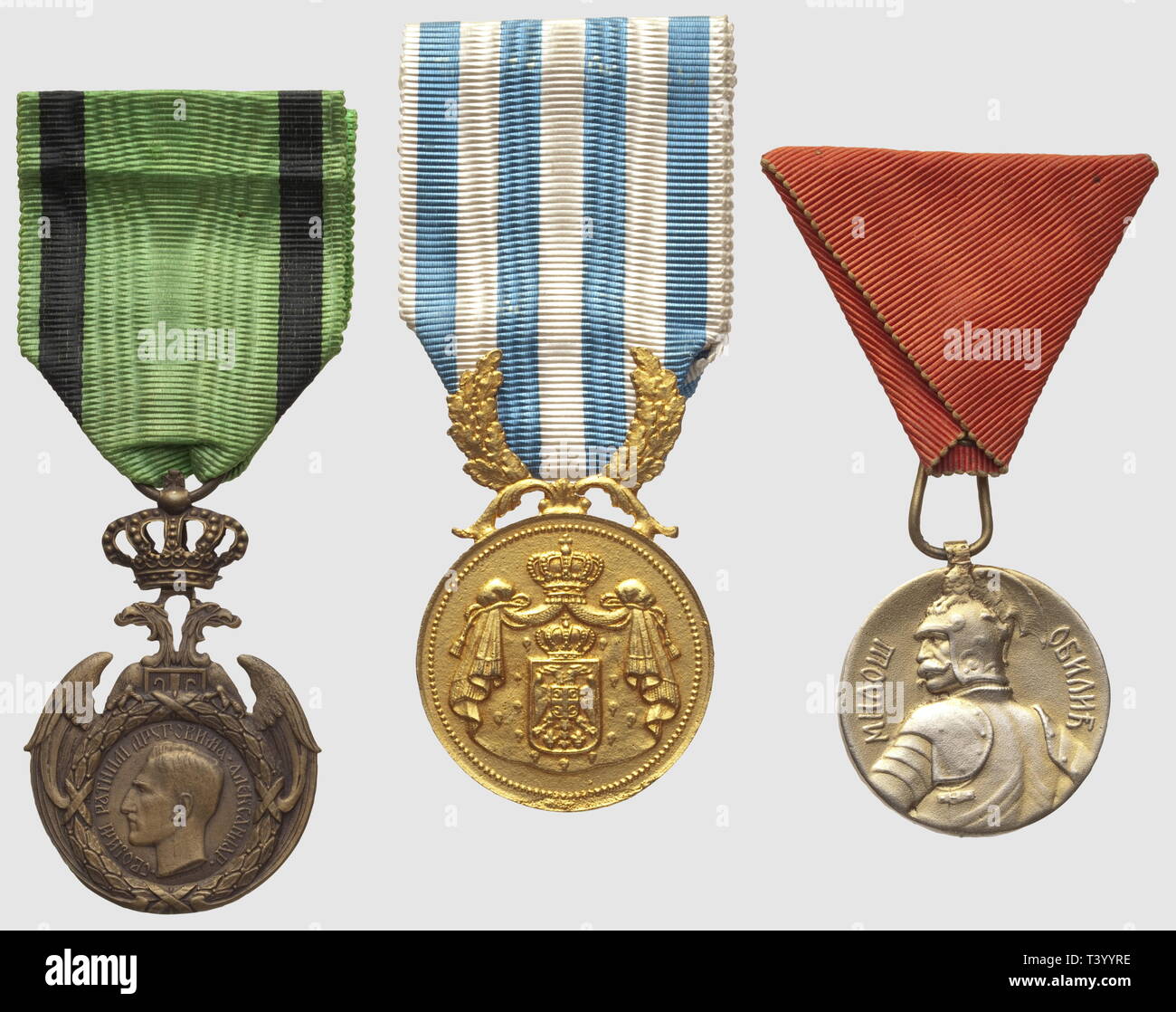 Trois médailles d'origine Serbe,. Médaille Militaire, Médaille Commémorative de la Campagne d'Neph 1915 et Médaille pour la Bravoure 1885, Additional-Rights - Clearance-Info - Not-Available Stockfoto