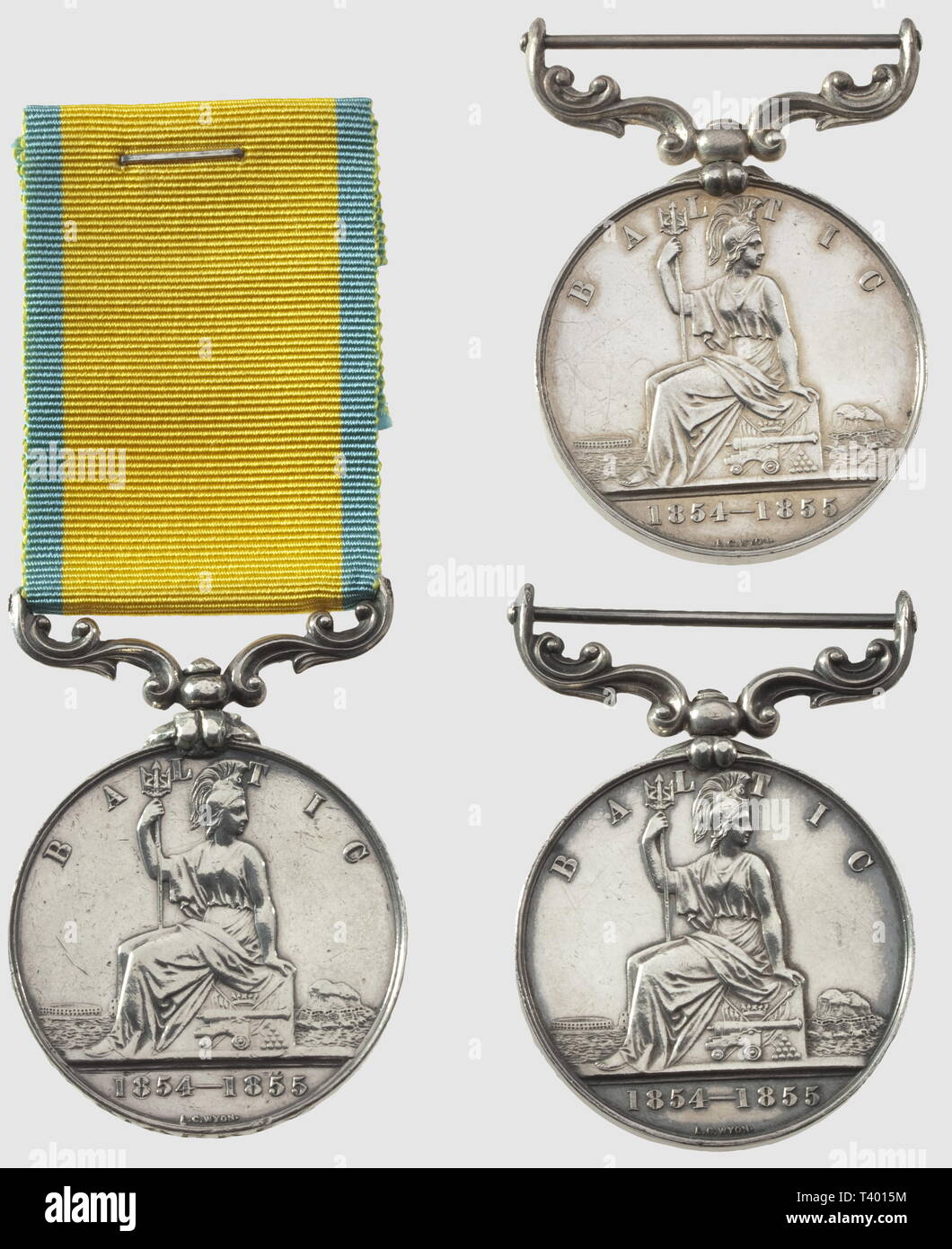 Trois Médailles de la "baltique" 1854-1855, du Graveur" L.C. Wyon', une attribuée' W. Starkey", deux sans Ruban, Additional-Rights - Clearance-Info - Not-Available Stockfoto