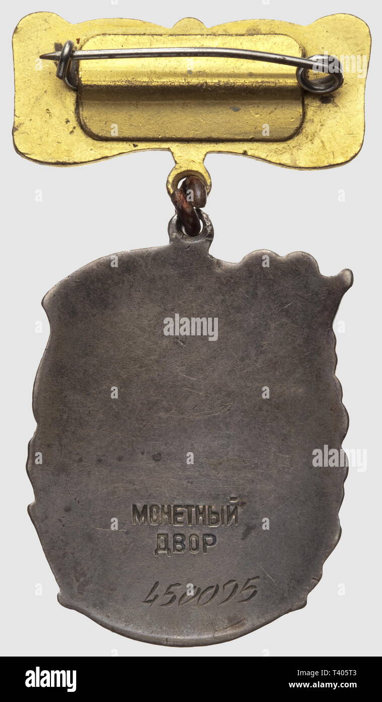 Ordre à la Gloire de la Maternité, créé en 1944, fabrikationsnr. Bin onetnij Dvor", Insigne de 3ème Classe, nein. 450095, diamètre 40 x 30 mm, bélière nicht vorgesehen. Stück Übermittelung dans son Carnet daté 1948 Additional-Rights - Clearance-Info - Not-Available Stockfoto